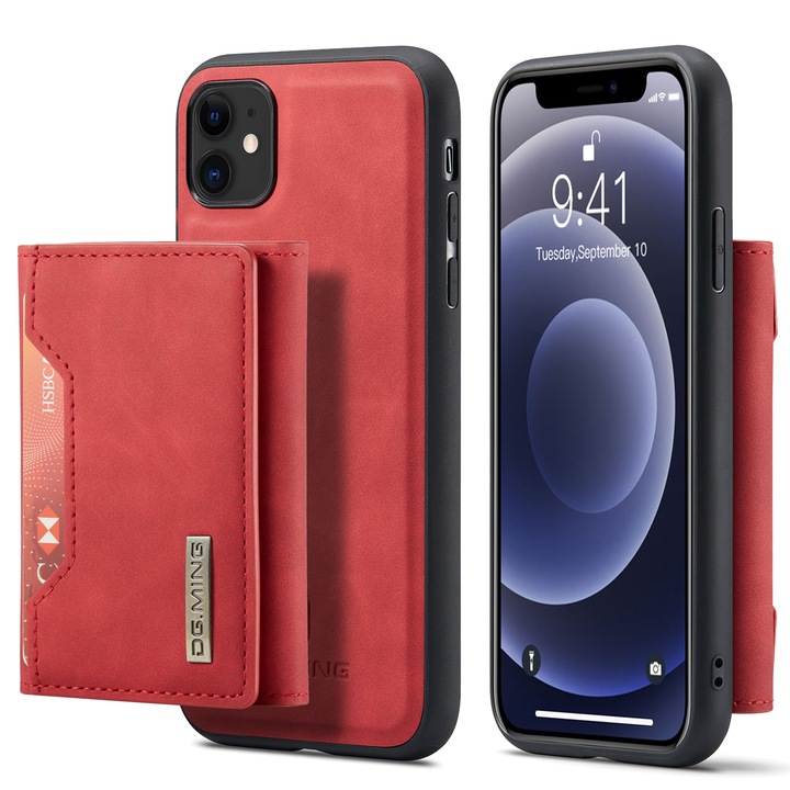 iPhone 11 CaseMe tok, Finom textúrájú bőr borítás, back cover típus, kivehető pénztárca zsebkkel bankjegyek és kártyák számára, állvány funkció, Piros