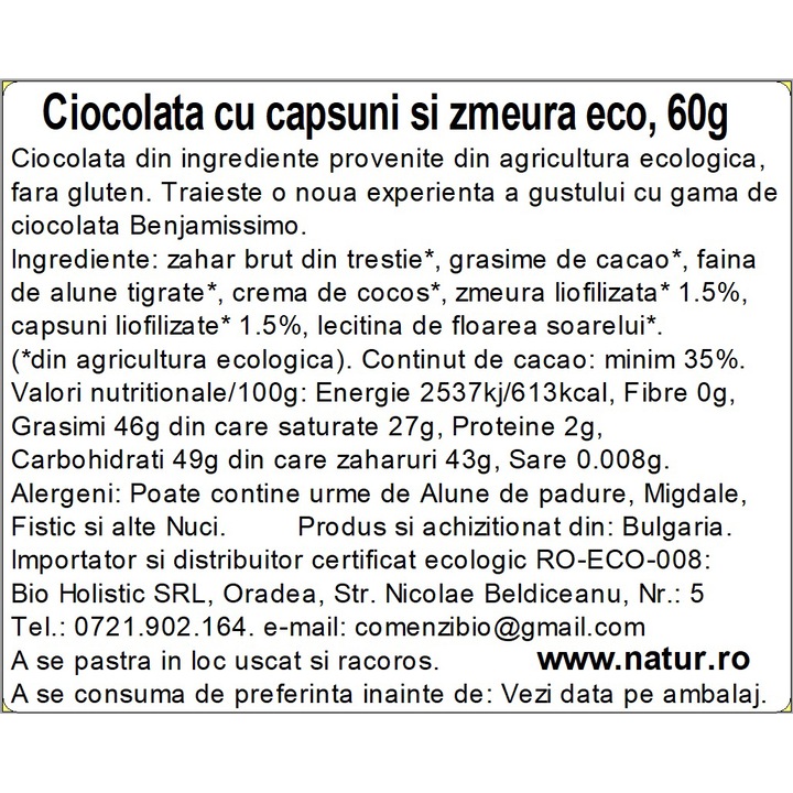 Ciocolata cu capsuni si zmeura Bio fara gluten, 60g