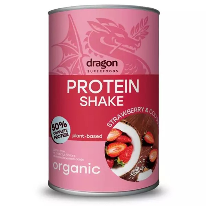 Shake Proteic Vegan Bio cu Capsuni si Cocos Bio Dragon Superfoods 450 g