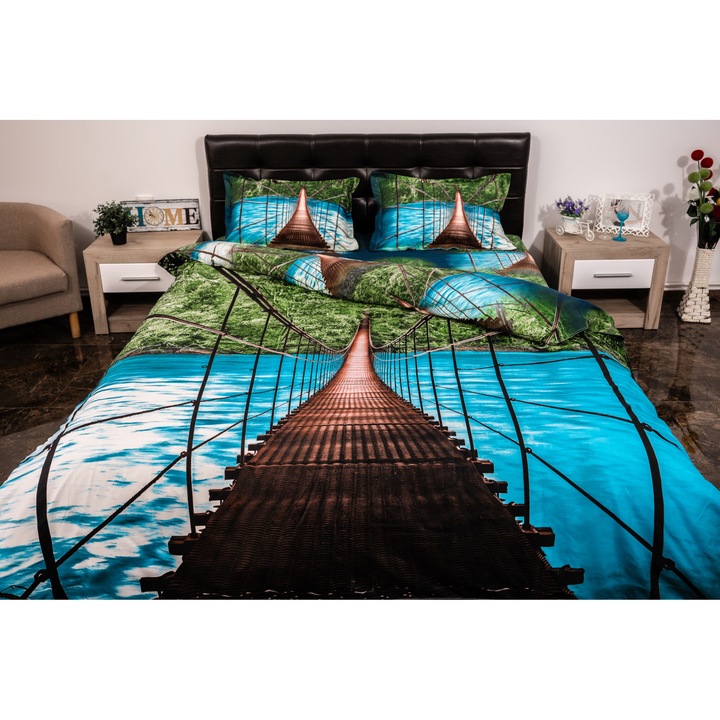 Lenjerie de pat dublu 4 piese 220 x 230 cm Digital Print 3D, Albastru/Maro Peisaj Pod Pucioasa