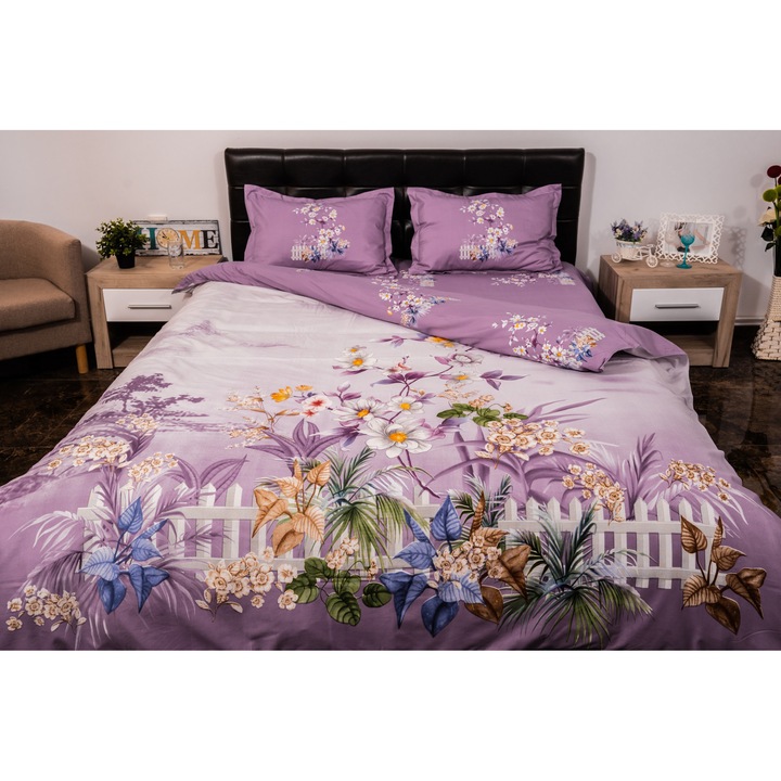 Двойно спално бельо 4 части 220 x 230 см Дигитален печат 3D, лилаво Pucioasa Garden Flowers