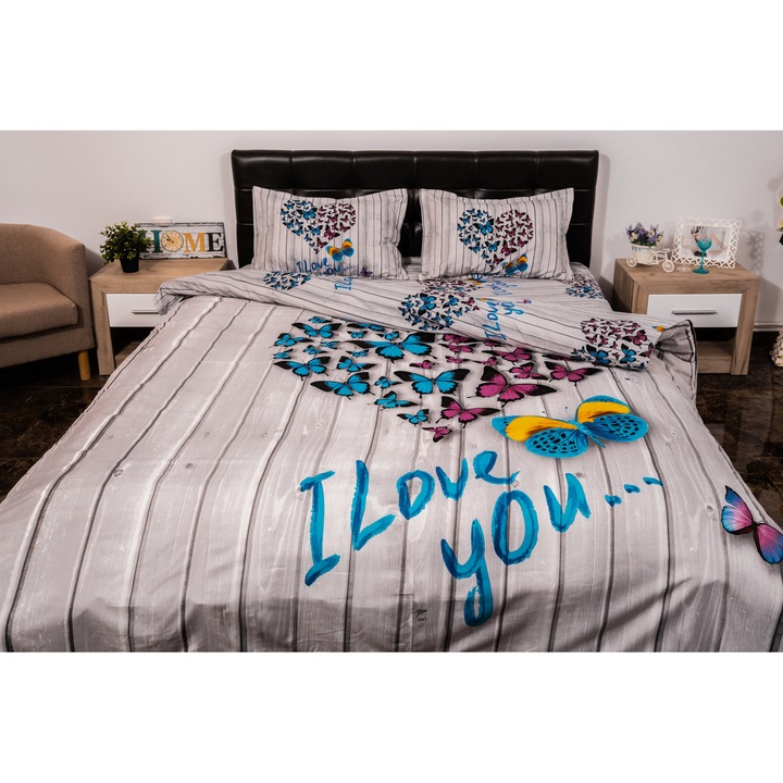 Lenjerie de pat dublu 4 piese 220 x 230 cm Digital Print 3D, Alb/Albastru Inimioara Fluturas Love Pucioasa