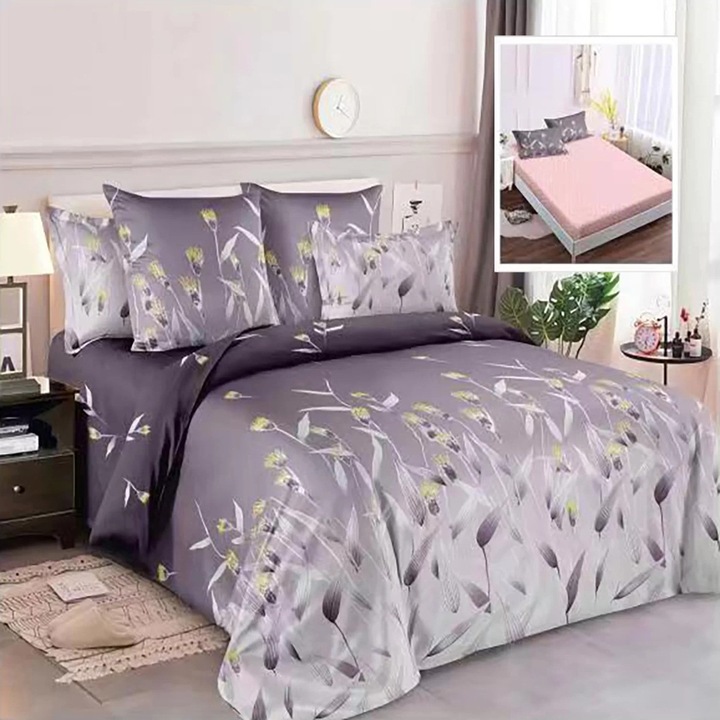Спално спално бельо фино двойно памучно 6 части с ластик при чаршафа 180 х 200 см, Елегантно, Лилаво, Ralex Pucioasa HF6P44