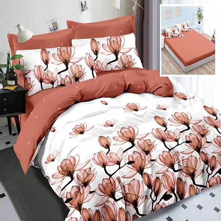 Спално спално бельо фино двойно памучно 6 части с ластик на чаршафа 180 х 200 см, магнолия, розово бяло, Ralex Pucioasa HF6P53
