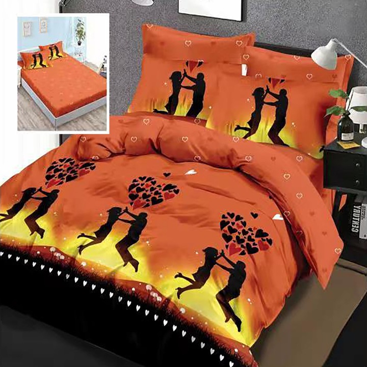 Спално спално бельо фино двойно памучно 6 части с ластик при чаршафа 180 х 200 см, In Love, оранжево, Ralex Pucioasa HF6P57