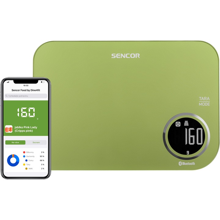 Sencor SKS 7070GG Smart konyhai mérleg, Sencor FOOD alkalmazás, Dine4Fit adatbázis, LCD kijelző, Zöld