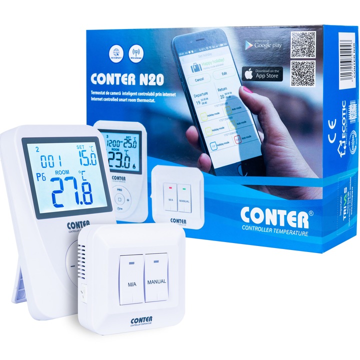 Termostat electronic smart Conter N20, controlabil prin internet, fara fir, compatibil iOS/Android