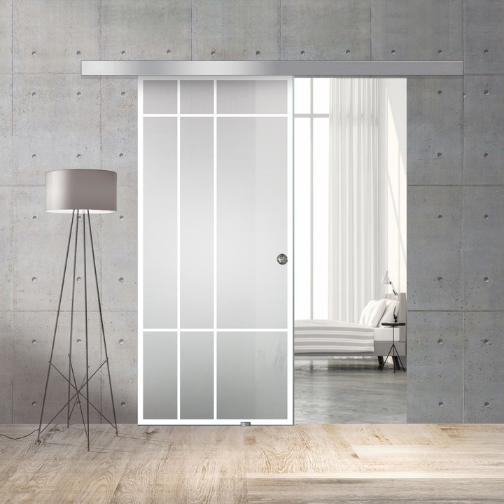 Usa culisanta Boss ® model Event alb, 60x215 cm, sticla mata 8 mm, glisanta in ambele directii