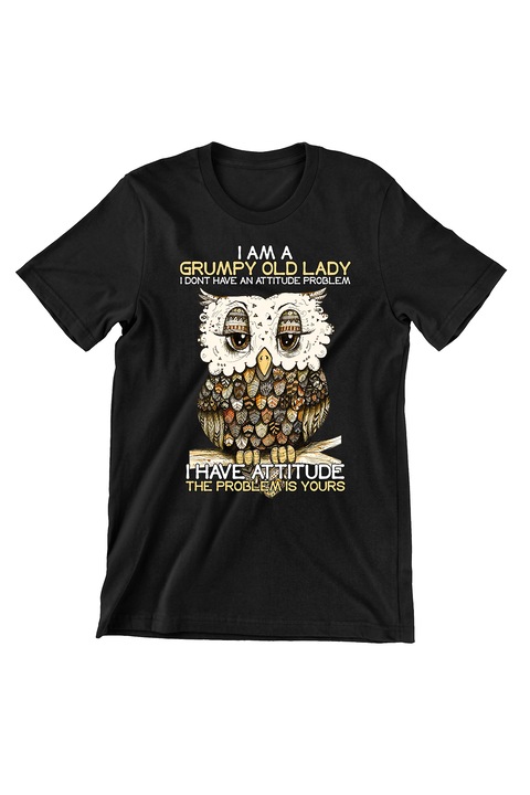 Мъжка тениска, Бухал, Bufnita grumpy old lady, черна, 4XL