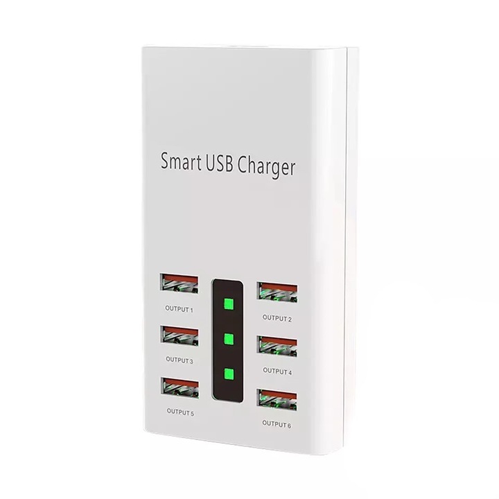 Univerzális USB töltő 6 intelligens usb gyorstöltő porttal, 30W, 6A, 1,5 m