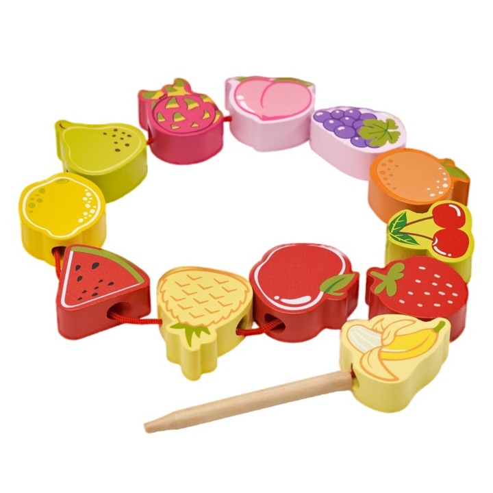 Set 12 blocuri cu snur, Classic World, Fructe, Lemn, 18 luni, Multicolor