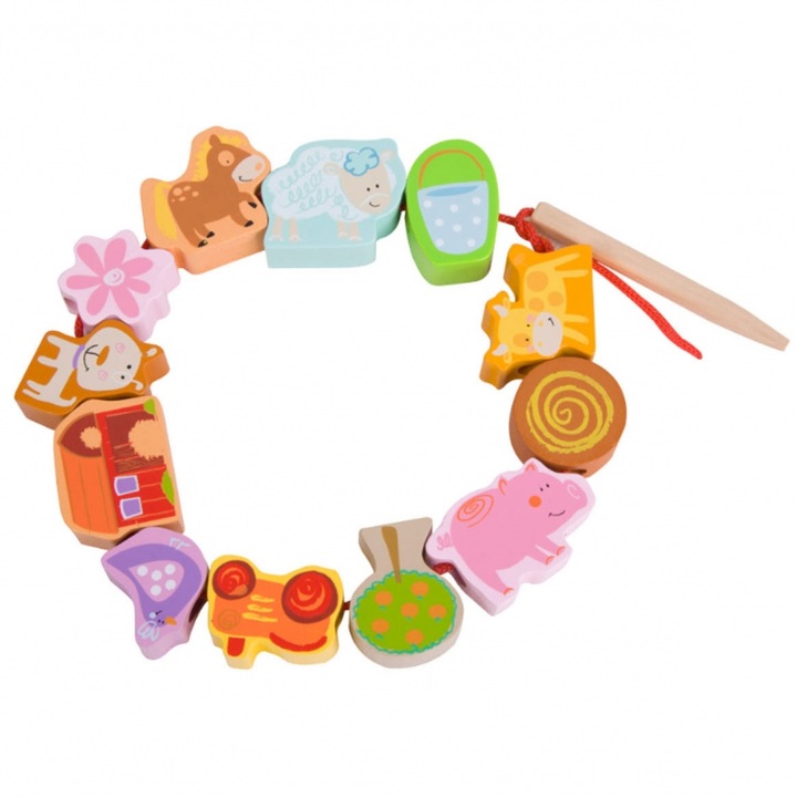 Set 12 blocuri cu snur, Classic World, Ferma, Lemn, 18 luni, Multicolor