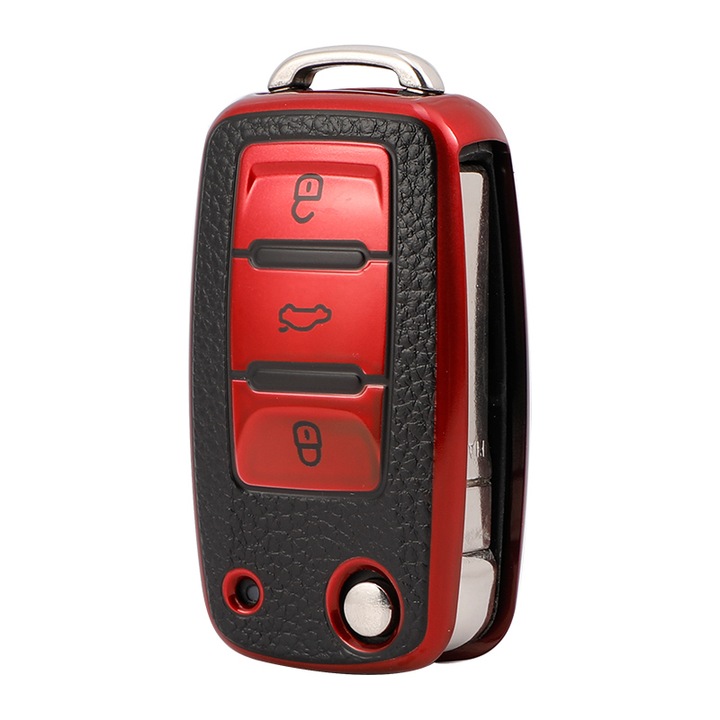 Червен калъф с кожени вложки за ключ, Тип нож, VW Polo/Golf/Passat/Beetle/Caddy/EOS/Tiguan/Skoda/Seat