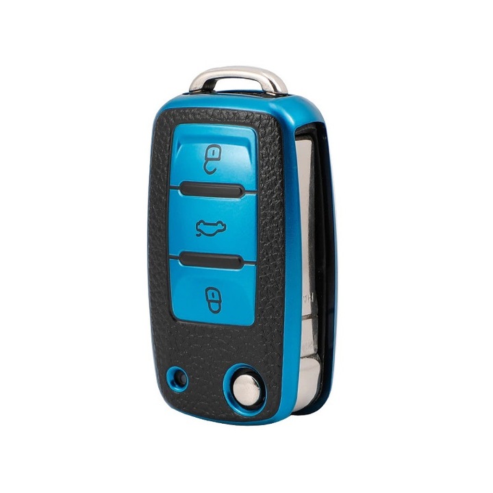 Син калъф с кожени вложки за ключ тип нож VW Polo Golf Passat Beetle Caddy EOS Tiguan, Skoda, Seat
