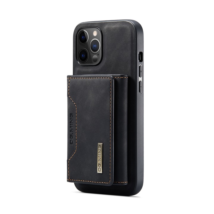 Husa pentru iPhone 12 Pro, iPhone 12, piele cu textura fina, back cover, portofel detasabil cu buzunare pentru bancnote si carduri, functie stand, CaseMe, Negru