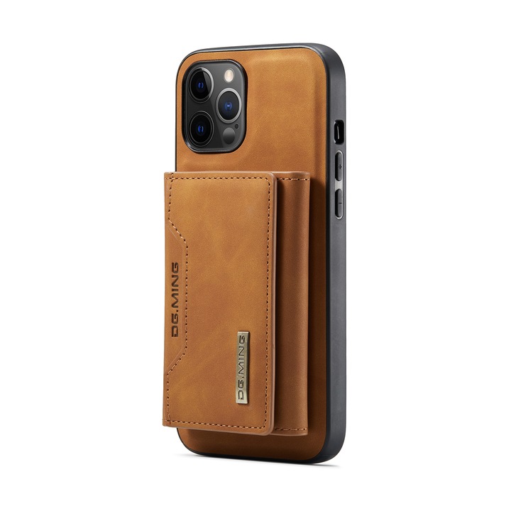 Husa pentru iPhone 12 Pro, iPhone 12, piele cu textura fina, back cover, portofel detasabil cu buzunare pentru bancnote si carduri, functie stand, CaseMe, Maro