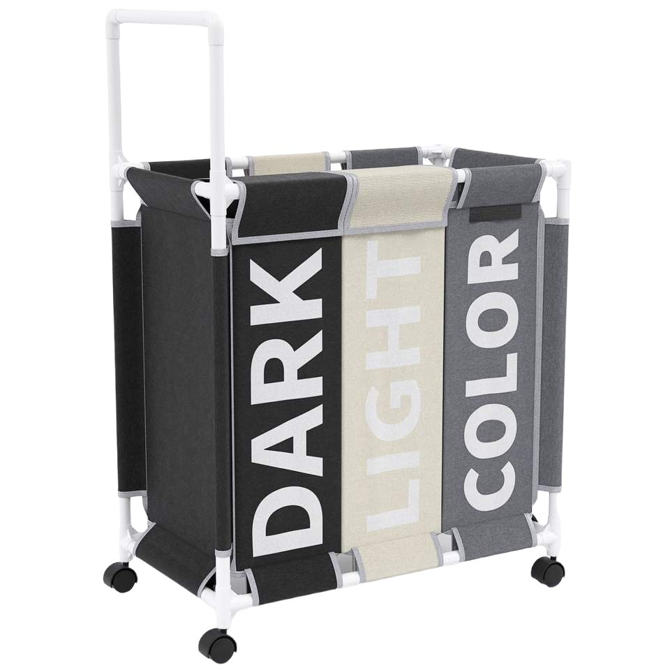 Cos pentru rufe cu roti QUANDEXL, din material textil, 3 compartimente ...
