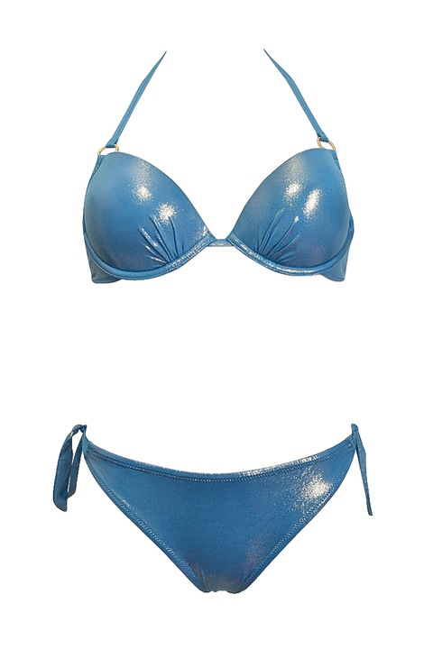 Costum de baie din doua piese stralucitor, sutien cupe adanci cu burete subtire si chilot clasic, model de lux, SP24 Intimamoda, Albastru deschis