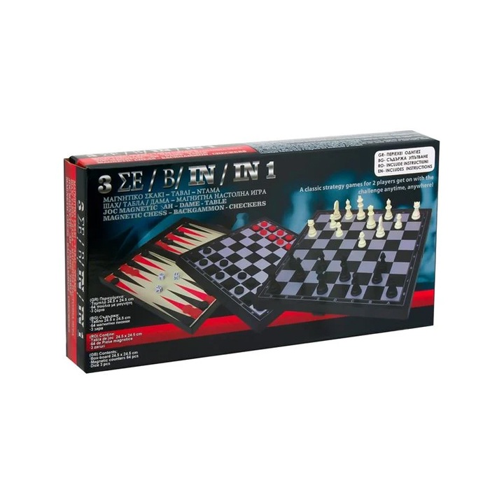 Társasjáték, Mágneses, 3 az 1-ben, Backgammon, Sakk, Dáma, Kockajáték, 6 év felett, 24,5x24,5 cm Műanyag, Többszínű