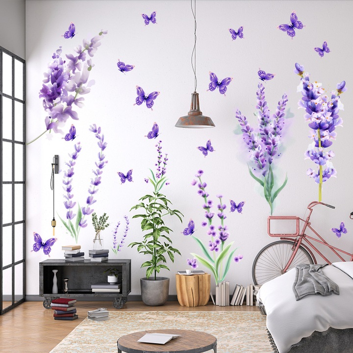 Autocolante decorative cu lavanda si fluture, 2 piese, 60 x 30 cm