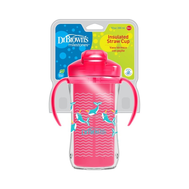Чаша с изолация и дръжки, мека силиконова сламка, Dr. Brown's, 300 ML, Girls