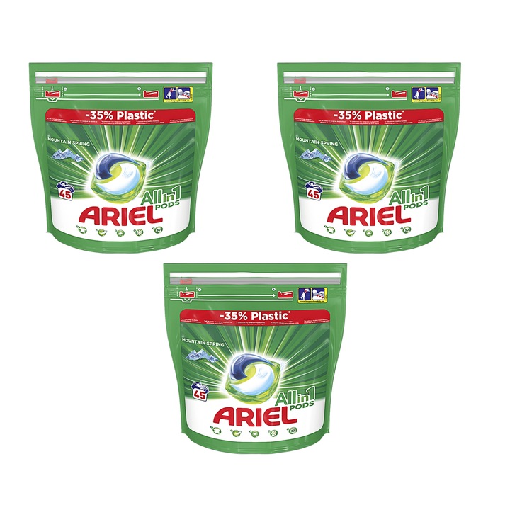 Set detergent capsule Ariel 3 in 1 Pods Mountain Spring, 3 x 45 bucati, 135 spalari