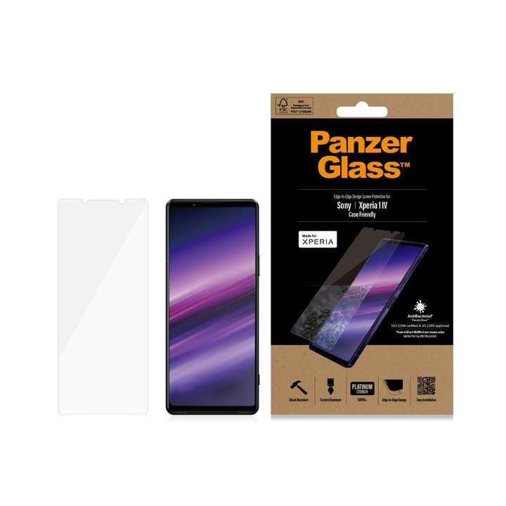 Стъклен протектор PanzerGlass за Sony Xperia 1 lV, CaseFriendly, AntiBacterial, Черно