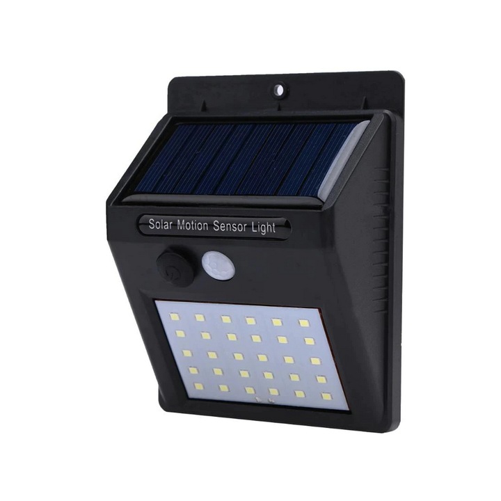 Lampa Solara De Perete, HYT ®, Cu Senzor De Miscare Si De Lumina, 30 LED-uri, Panou Solar 0.55W, Unghi De Detectie 120° Si Buton On/ Off, Negru