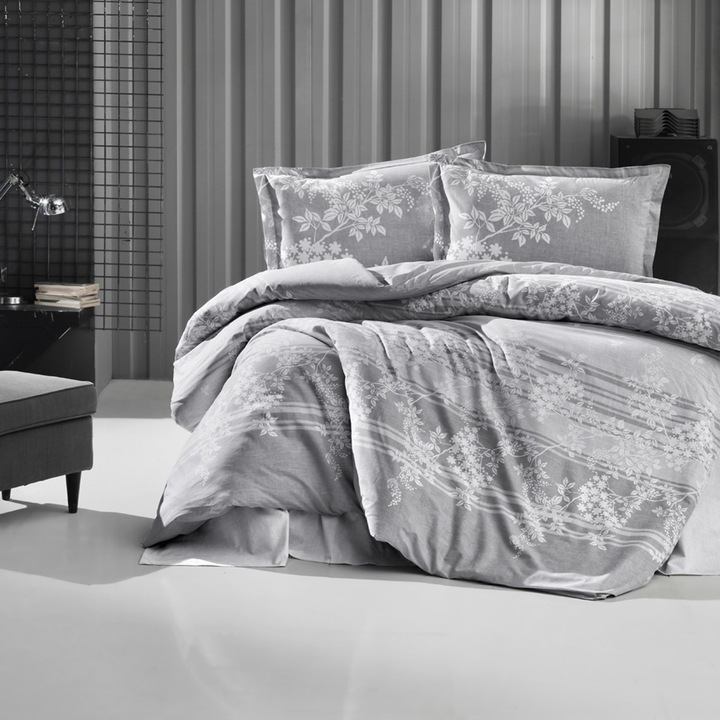 Двойно спално бельо Clasy BOVA V1, 100% памук ранфорс, 4 части, king size 240 x 260 см, Elegant, Бяло / Сиво