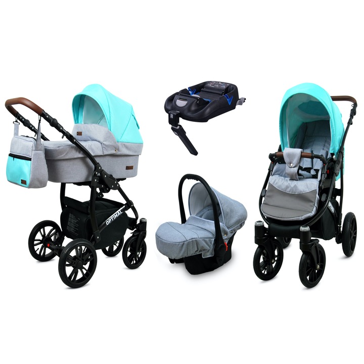 Детска количка 4 в 1 BabyLUX Optimal Black, Isofix, Сив/Тюркоаз