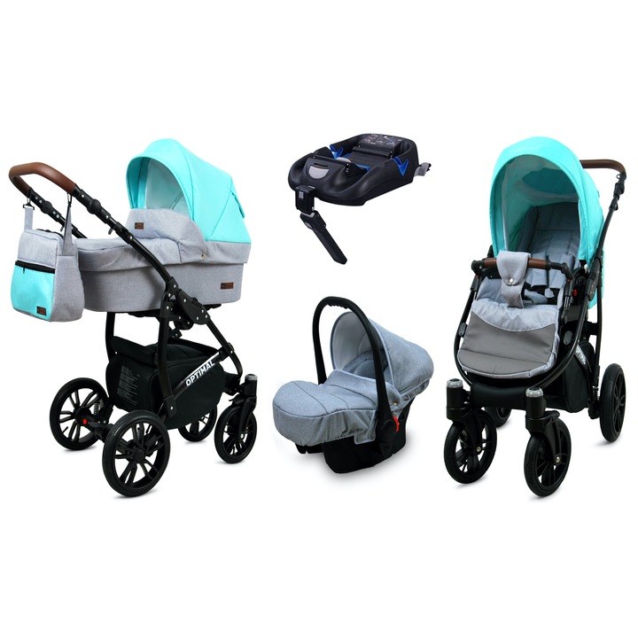 Carucior bebelusi 4 in 1 BabyLUX Optimal Black, Isofix, gri/turcoaz