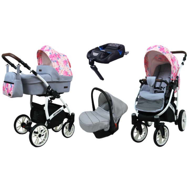 Детска количка 4 в 1 BabyLUX Optimal Бяла, Isofix, Сив/Розов
