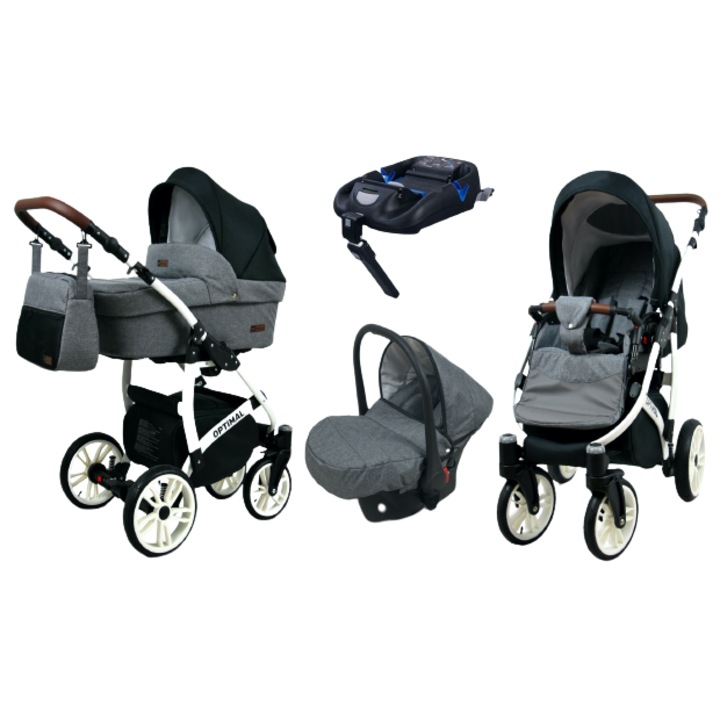 Детска количка 4 в 1 BabyLUX Optimal White, Isofix, Сив/Черен