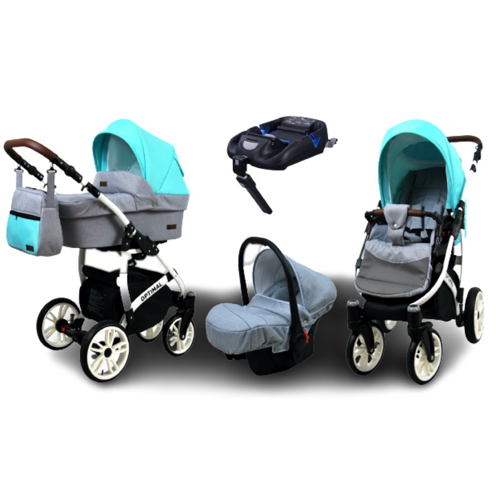 Детска количка 4 в 1 BabyLUX Optimal White, Isofix, Сив/Тюркоаз