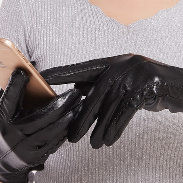 Дамски ръкавици, GOGOU, Екологична кожа, Touch функция, Черни