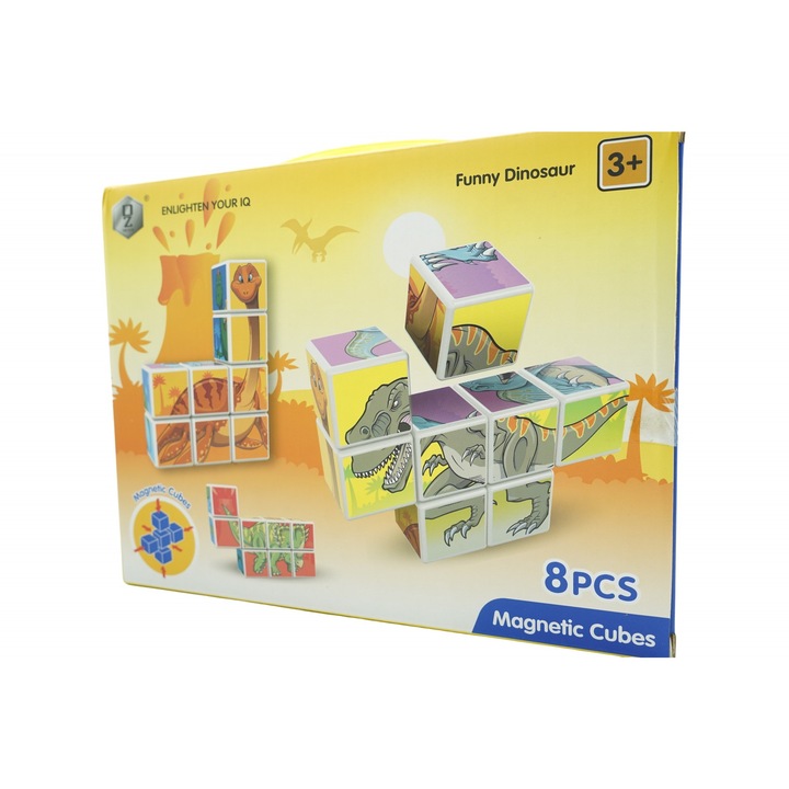 Образователна игра тип пъзел, Магнитни кубчета с изображения, динозаври, 9 части, Многоцветни