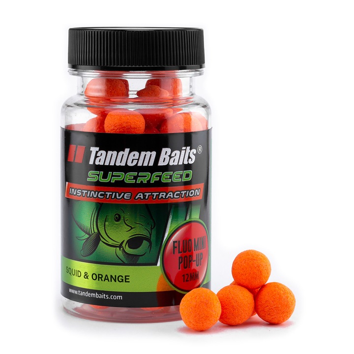 Mini boilies pop-up pentru crap, Tandem Baits, SuperFeed Fluo, Aroma calamar si portocale, 12 mm, 30 g