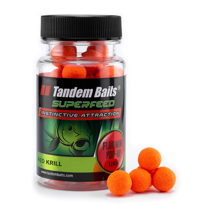 Mini boilies pop-up pentru crap, Tandem Baits, SuperFeed Fluo, Aroma krill rosu, 12 mm, 30 g