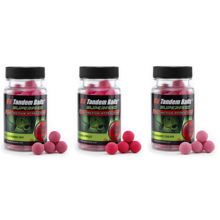 Set 3 borcane mini boilies pop-up pentru crap, Tandem Baits, SuperFeed Fluo, Mix arome Robin Red, 12 mm, 30 g