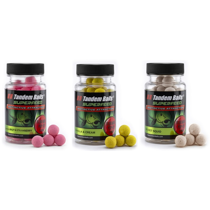 Set 3 borcane mini boilies pop-up pentru crap, Tandem Baits, SuperFeed Fluo, Mix arome, 12 mm, 30 g