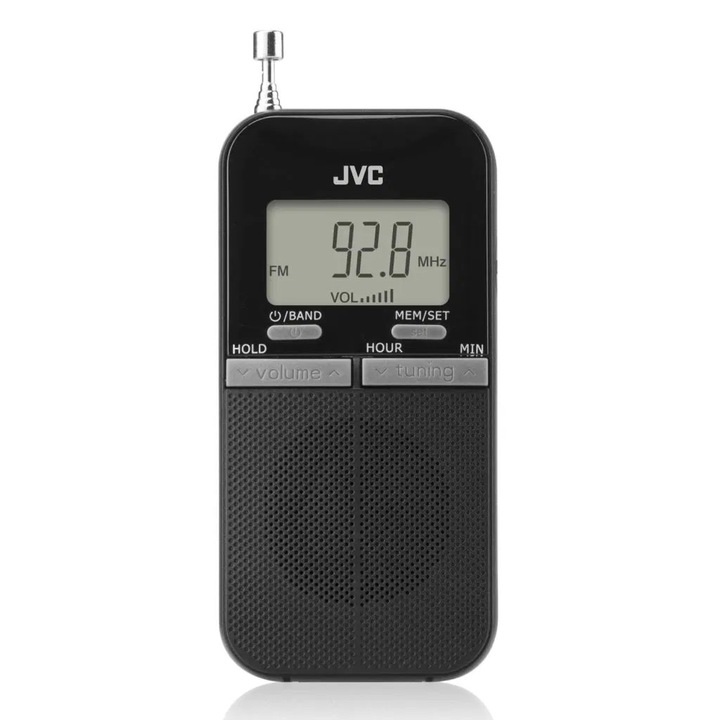 Radio de buzunar portabil JVC RA-E411B, Afisaj LCD, Tuner digital FM/AM, Negru