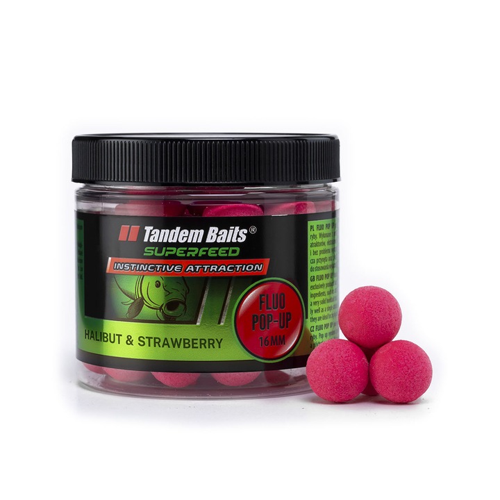 Boilies Pop-up pentru crap, Tandem Baits, SuperFeed Fluo, Aroma halibut si capsuni, 16 mm, 70 g