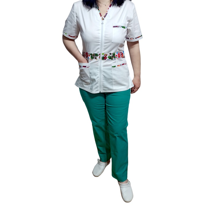 Costum medical de dama AMA Medical Scrubs, Halat fermoar cu insertie florala, alb verde, din tercot elastic, Marimea 48