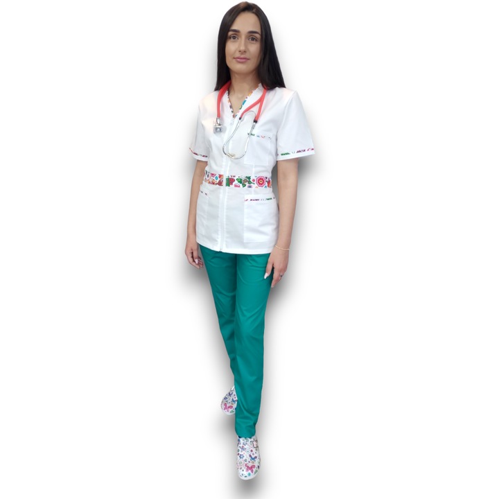 Costum medical de dama AMA Medical Scrubs, Halat fermoar cu insertie florala, alb verde, din tercot elastic, Marimea 42