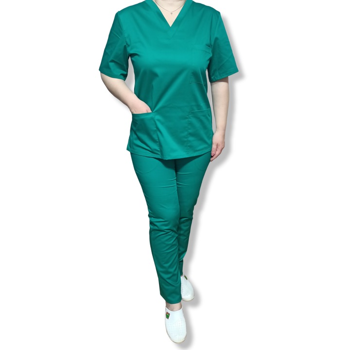 Costum medical de dama cu anchior, din tercot elastic verde spital, AMA Medical Scrubs, Marimea 38