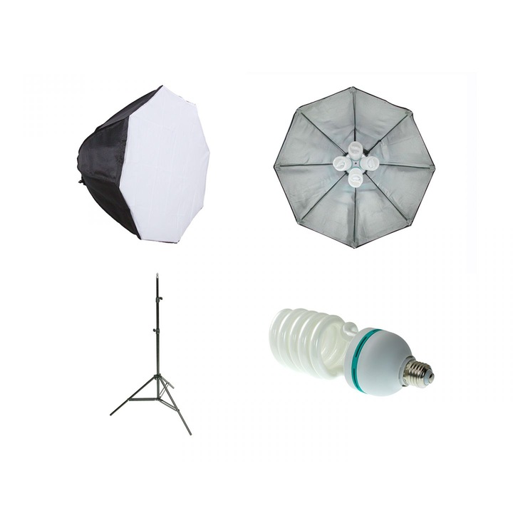 Folyamatos fényszett 4 E27 izzóval, 70cm-es nyolcszögletű softbox és 75-205cm-es állvány