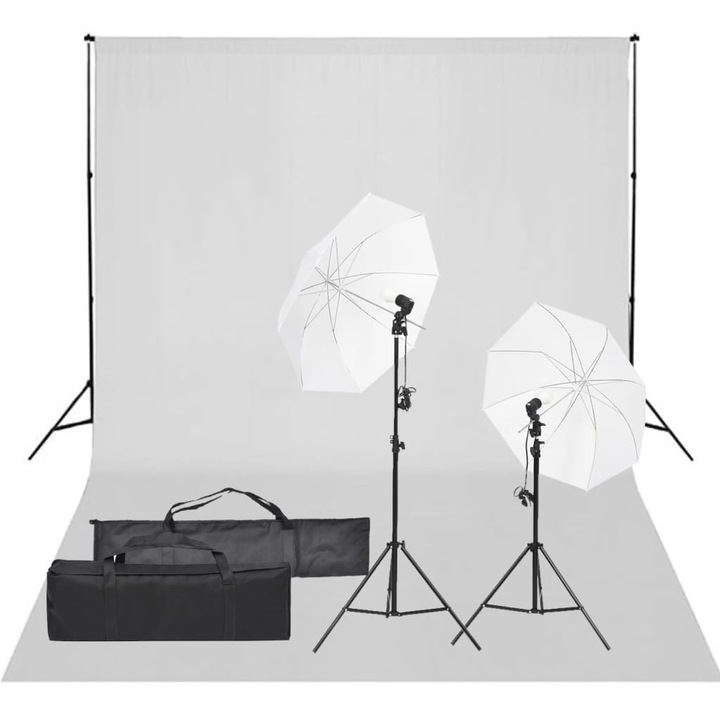 Kit studio foto cu set de lumina si fundal vidaXL, 85 x 15 x 15 cm, Aluminiu, Negru