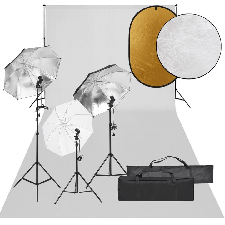 Kit studio foto cu set de lumini vidaXL, 85 x 15 x 15 cm, Negru, fundal si reflector