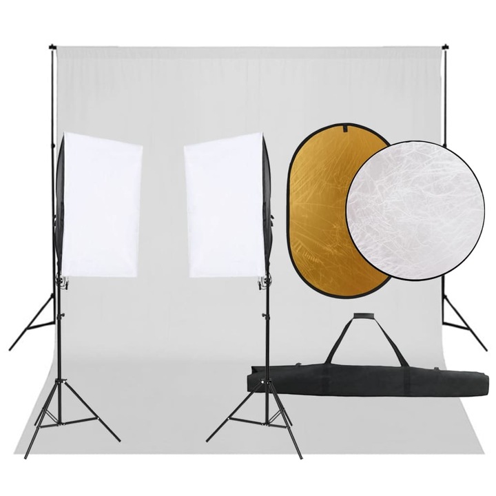 Kit studio foto cu set de lumini vidaXL, 85 x 15 x 15 cm, fundal si reflector, Negru, 8.8 kg