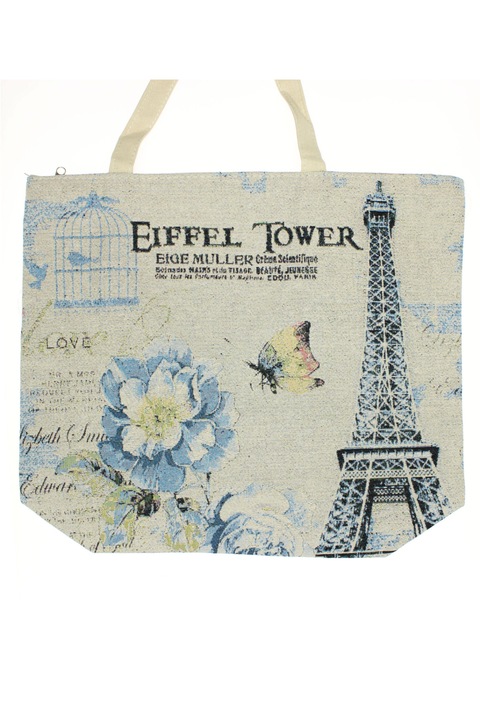 Плажна чанта, изработена от текстил, ButicCochet, 42x47 см, флорален принт, бежово със синьо - GND177